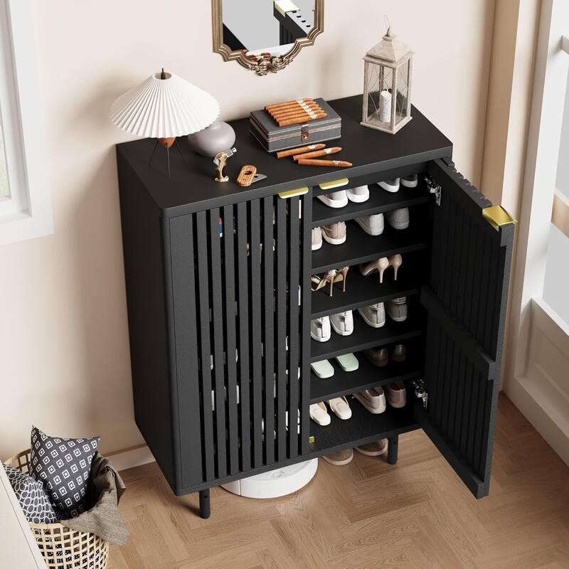 6-Tier Farmhouse Rattan Shoe Storage Cabinet for Entryway Foyer Hallway