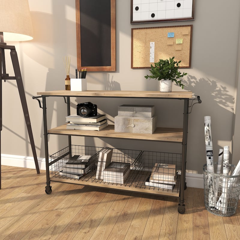Wood Rolling Cart 3 Drawers and 1 Shelf Storage Unit with Black Wire Baskets - Brown - Roche River Decor