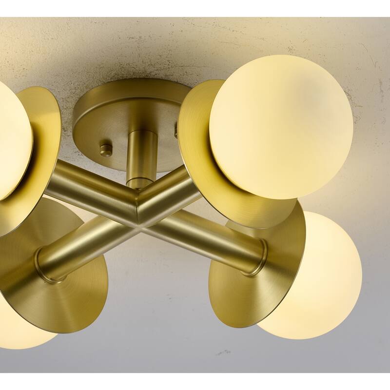 4-Light Satin Brass Flush Mount With White Glass Globe Shades