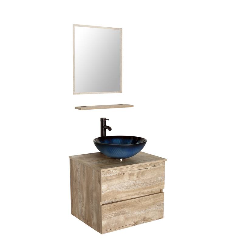 eclife 24" Wall Mounted Bathroom Vanity Ceramic Tempered Glass Sink Combo Natural 2 Drawers Cabinet Vanity Set
