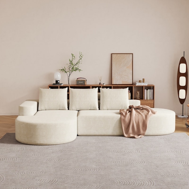 108.5" Modern Curved Chenille Upholstered Sectional Sofa with 3 Pillows - Beige - Right Facing