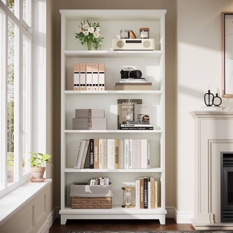 5-Tier White Bookshelf 70-Inch Tall Wooden Bookcase for Home Office - White