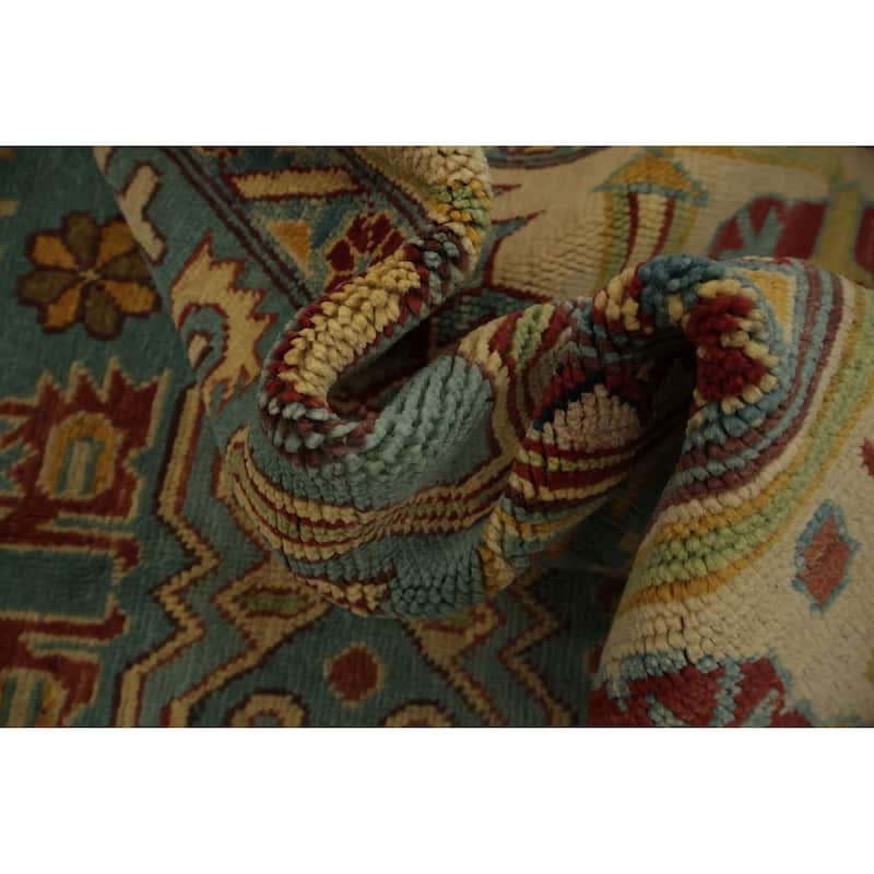 Hand Knotted Oriental 100% Wool Carpet Traditional Geometric Navy Blue & Blues Kazak Area Rug - 11' 11'' X 8' 11''