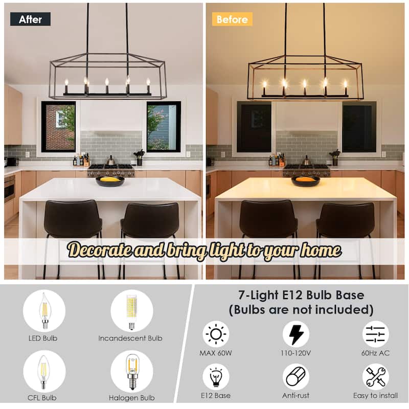 37.79" Wide 7-Light Traditional Farmhouse Rectangle Chandelier, Semi Flush Mount Chandelier, Kitchen Island Chandelier
