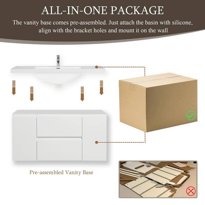 ABRUZZO 48" Floating Bathroom Vanity with Integrated Resin Top Basin 2 Cabinets 2 Soft Close Drawers Full Assembly