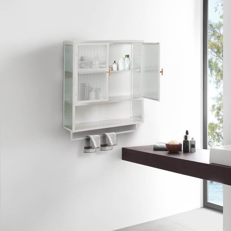 Roomfitters Modern 23.62" Glass Door Wall Cabinet with Two-Tier Enclosed Storage, Open Shelf, and Towel Rack for Entryway