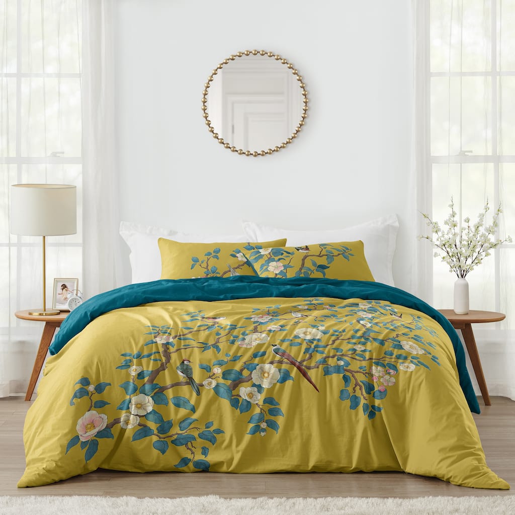 Sweet Jojo Designs Yellow Teal Floral Bird Girl Queen Duvet Cover Bedding Set Blue Flowers Cottagecore Vintage Botanical Tree