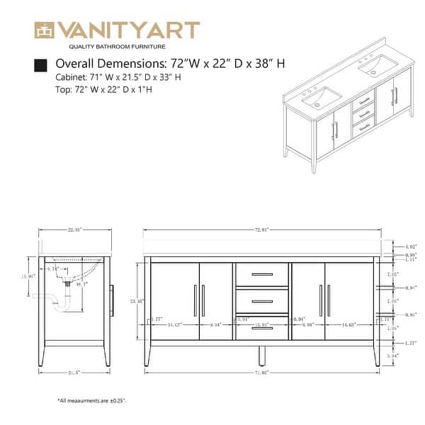 Vanity Art 60 in. W x 22 in. D x 34 in. H Double Sink Bathroom Vanity Cabinet in Cashmere Gray with Engineered Marble Top in White