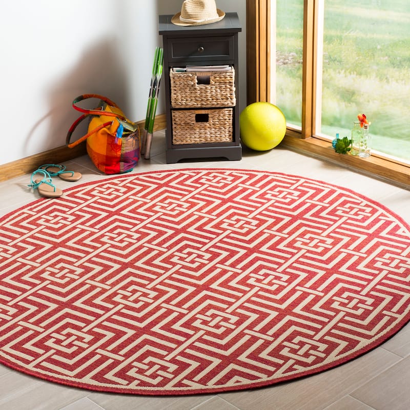 SAFAVIEH Linden Darla Indoor/ Outdoor Waterproof Patio Backyard Rug - 6'7" Round - Red/Creme