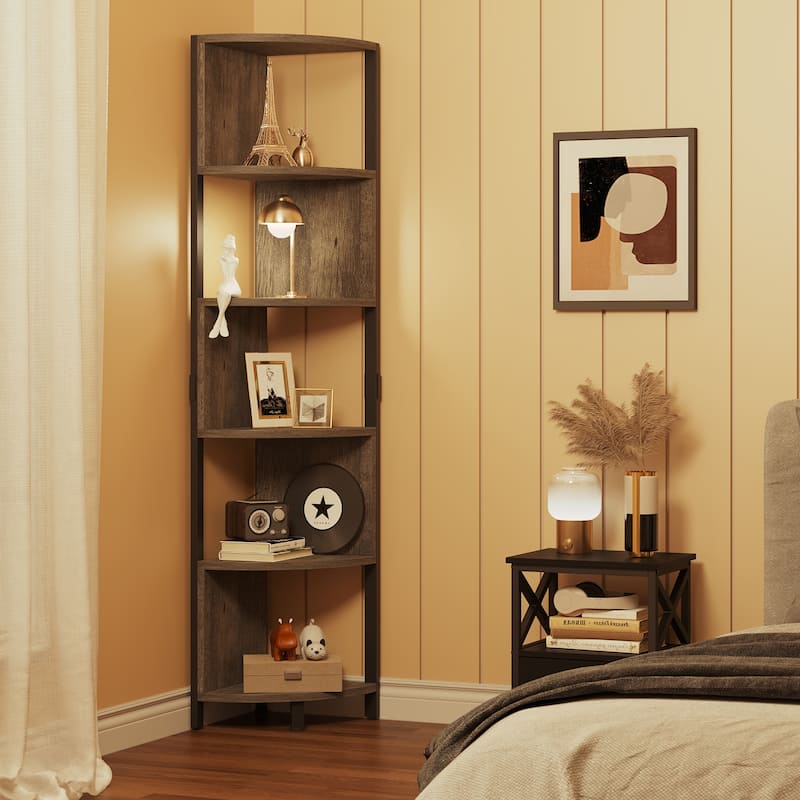 Herrell 5-Tier Corner Bookshelf 68" Tall Modern Free Standing Zigzag Corner Bookcase