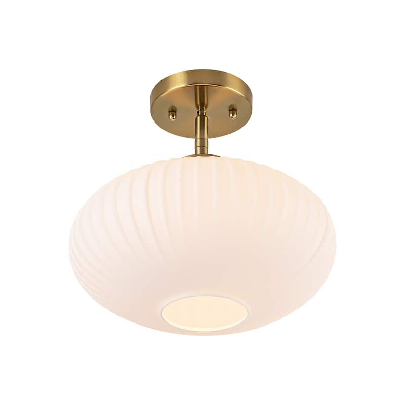 1-Light Vintage Brass Glass Semi Flush Mount Ceiling Light for Entryway