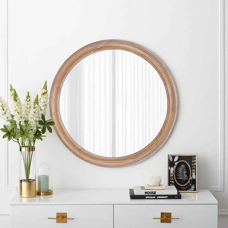27.5 inches Round Wall Mirror for Bathroom Vanity, Wooden Farmhouse Circle Mirrors for Bedroom, Entryway, Living Room