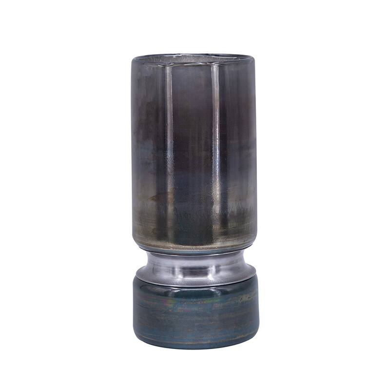 D4.7x10.6" Smokey Blue Glass Vase with Chrome Accent Modern Home Decor