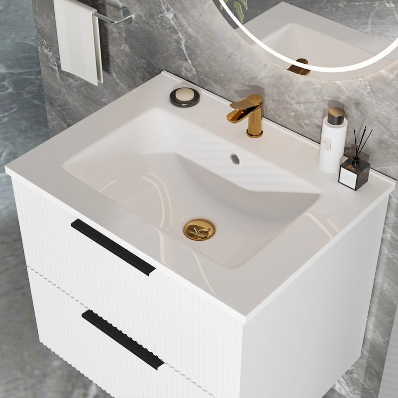 24 Inch Bathroom Vanity Cabinet With Ceramic Sink - Wall Mounted Floating Fluted Vanity With Drawers