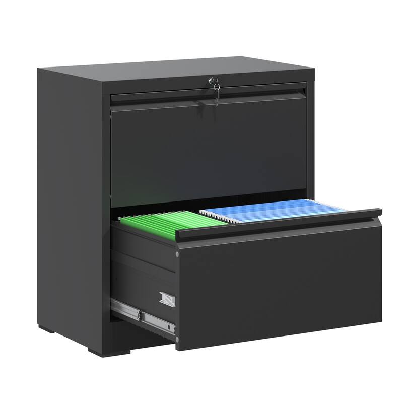 Modern File Cabinet Lateral File Cabinet with 2 Drawers, Silent Slides and Locks, for Home Office, Black - Black