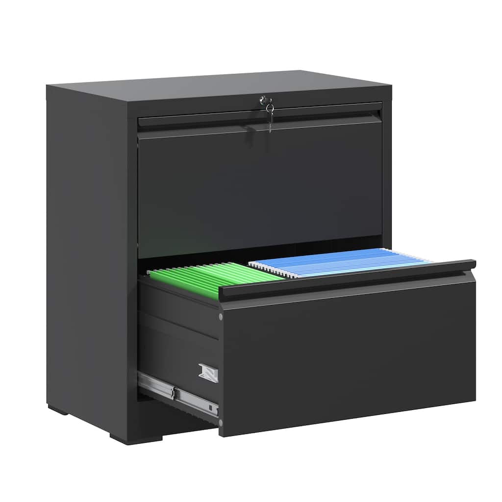 Modern File Cabinet Lateral File Cabinet with 2 Drawers, Silent Slides and Locks, for Home Office, Black