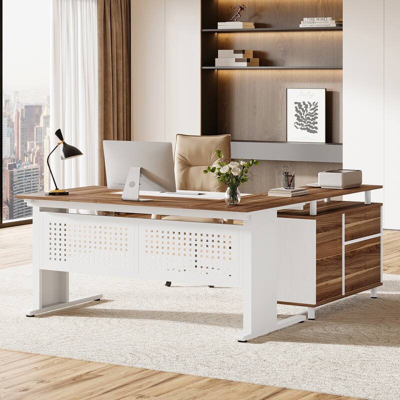 63-Inch L-Shaped Executive Desk with Storage Shelves