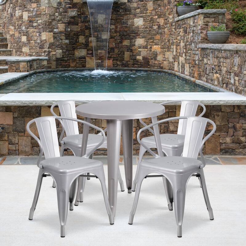 24'' Round Metal Indoor-Outdoor Table Set with 4 Arm Chairs