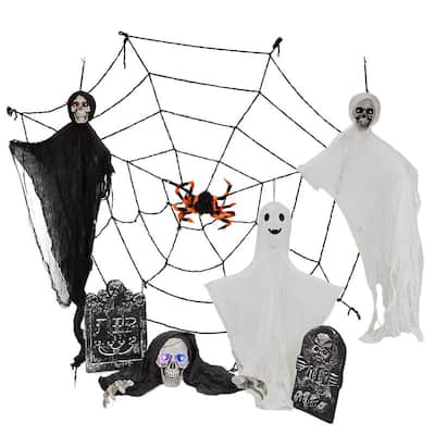 Outdoor Halloween Decorations 8-Piece Set, Hanging Ghosts Decor and Cobweb and Gravestone with Lighted Up Eyes