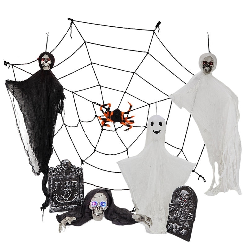 Outdoor Halloween Decorations 8-Piece Set, Hanging Ghosts Decor and Cobweb and Gravestone with Lighted Up Eyes