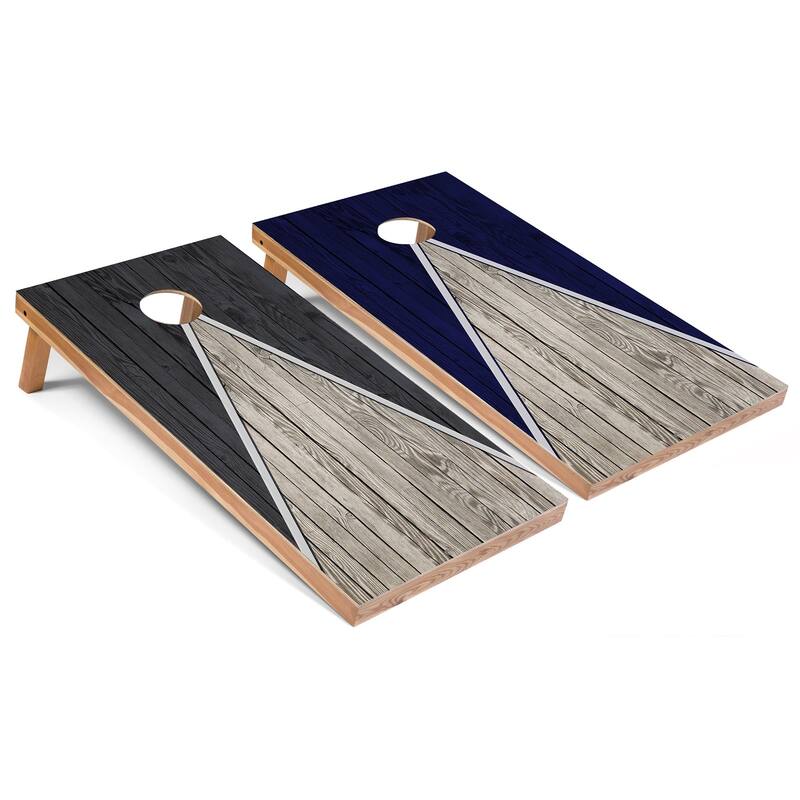 Solid Wood Cornhole Boards - Dark Grey and Navy Triangle Design - Premium 2x4 (24" x 48") - Include Case + Hole Lights