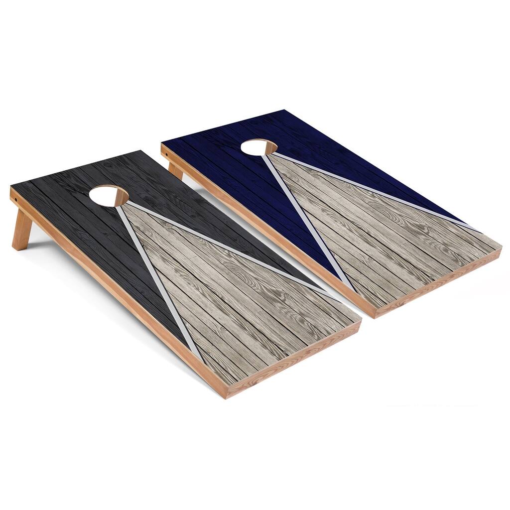 Solid Wood Cornhole Boards - Dark Grey and Navy Triangle Design