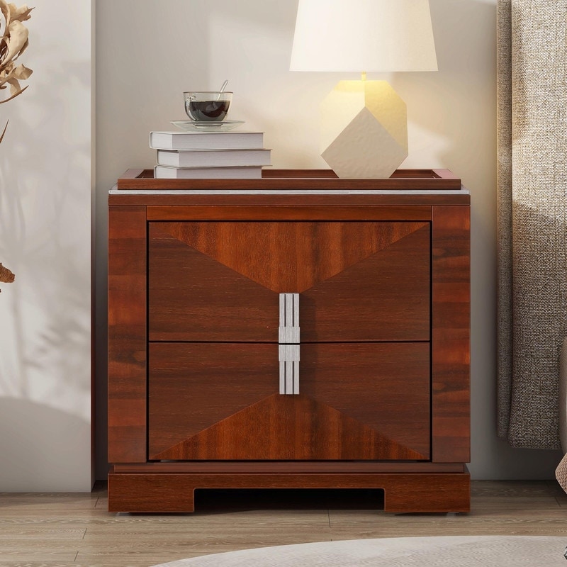 Mid-Century Modern Nightstand with 2 Drawers - Wide Wood End Table with Diamond Design and Heavy-Duty Base