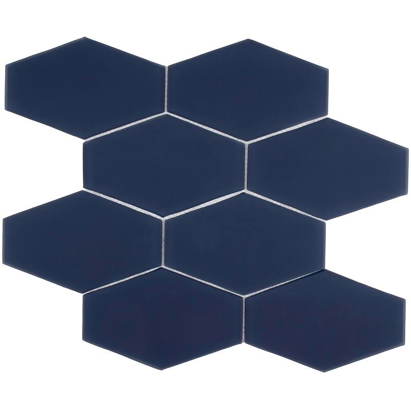 Long Hex 11 in. x 11 in. Glass Mesh-Mounted Mosaic Tile - Deep Blue Matte - 3 in. x 4 in. tile sample