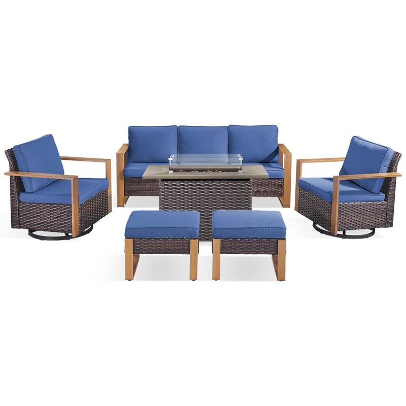 Meyreso Wicker Outdoor Patio Fire Pit Set with Swivel Gliders & 4.5" Olefin Cushions