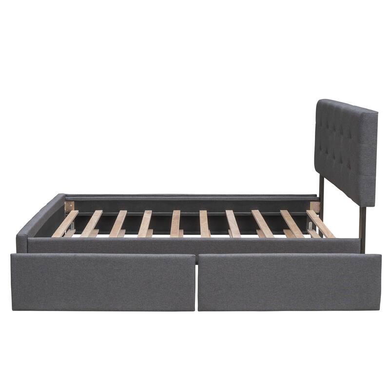 Queen Size Upholstered Platform Bed with Twin XL Trundle, Wooden Storage Bed Frame with 2 Drawers & Button Tufted Headboard