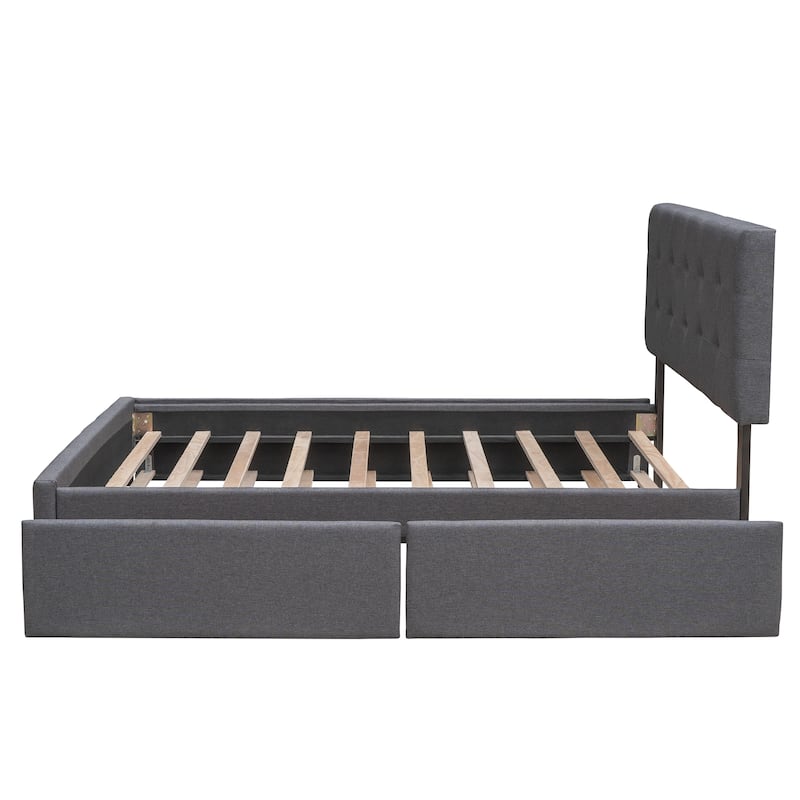 Upholstered Platform Bed with 2 Drawers and 1 Twin XL Trundle, Linen Fabric, Queen Size - Dark Gray