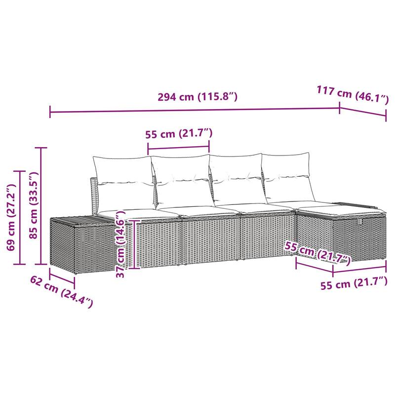 vidaXL 5/6 Garden Sofa Set with Cushions Black/Brown/Grey Poly Rattan - 115.8 x 46.1 x 27.2