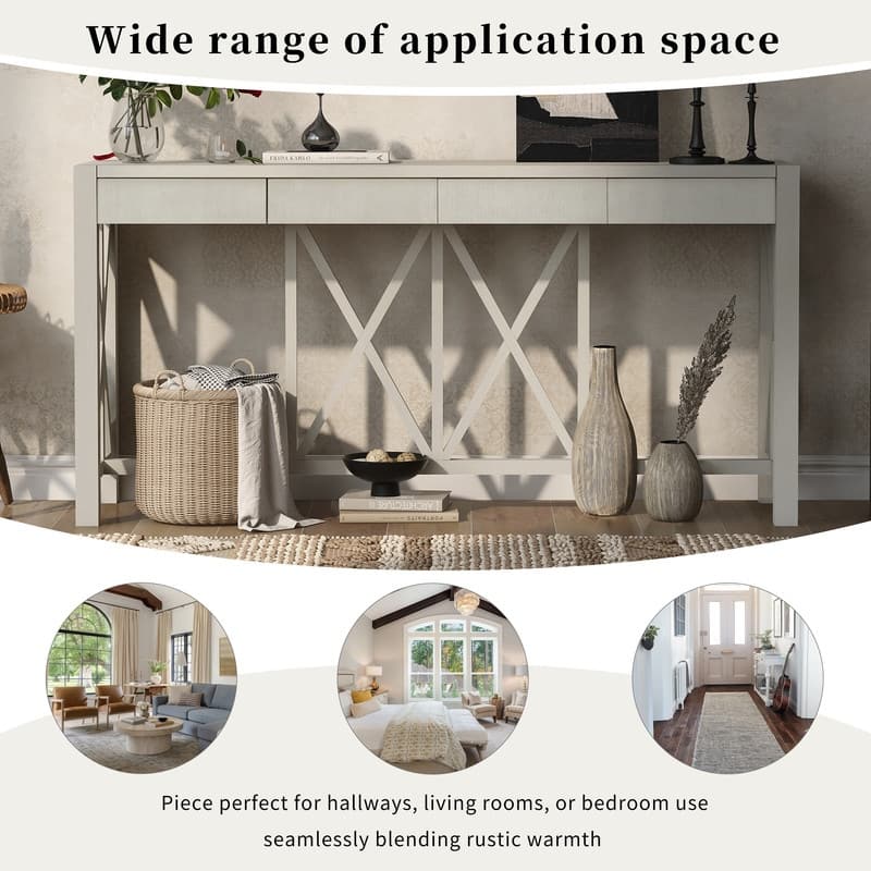 60''Acacia Veneer Console Table with 4 Spacious Drawers, Modern Crisscross Design Entryway Table with Open Bottom Storage