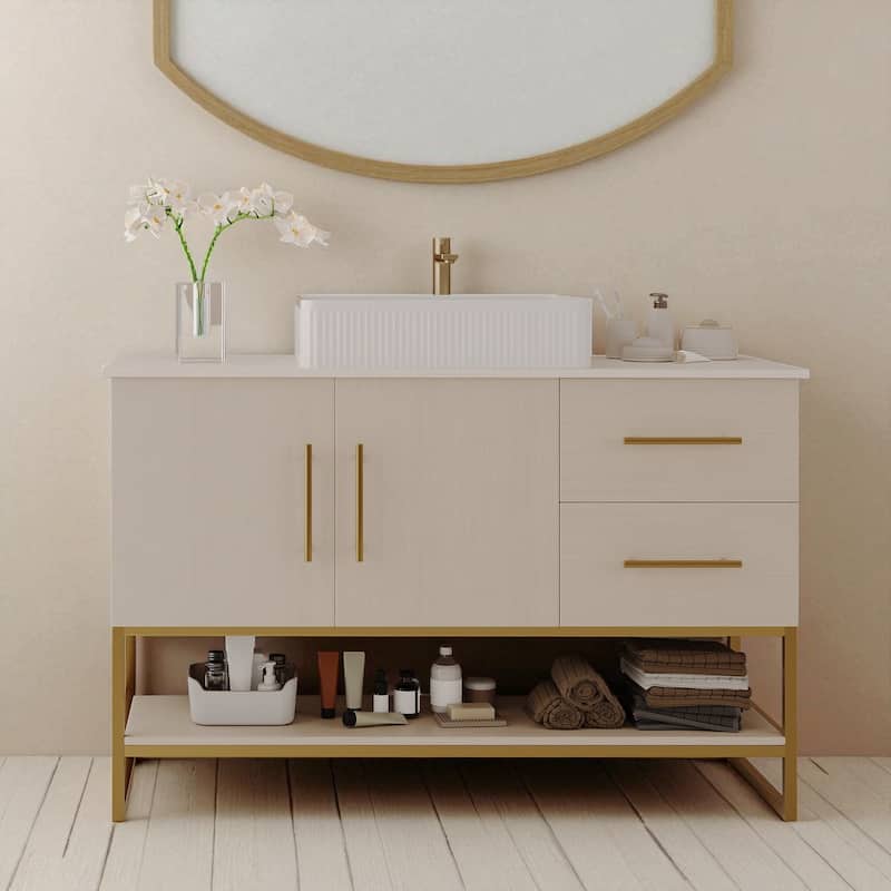 47.2" Modern Bathroom Vanity with Ceramic Vessel Sink, Gold Stainless Steel Base and Storage Cabinet - White