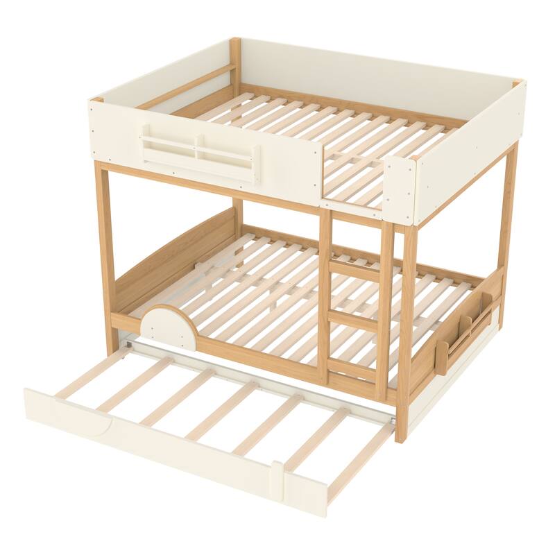 Kids Bed Wooden Bunk Bed with Trundle and Built-in Storage Bookshelves