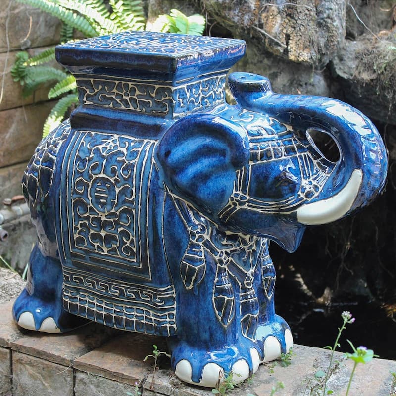 International Caravan Large Porcelain Elephant Stool - Blue Wash