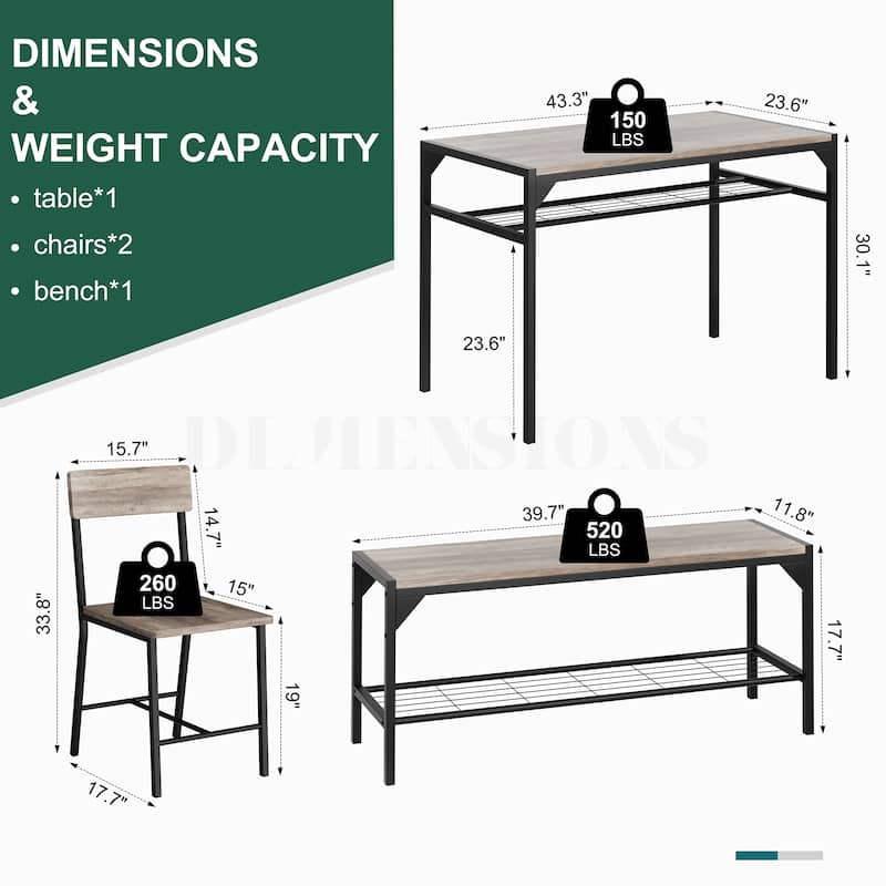 4-Piece Dining Set with Bench & Chairs - Space-Saving Table Set for Kitchen, Breakfast Nook