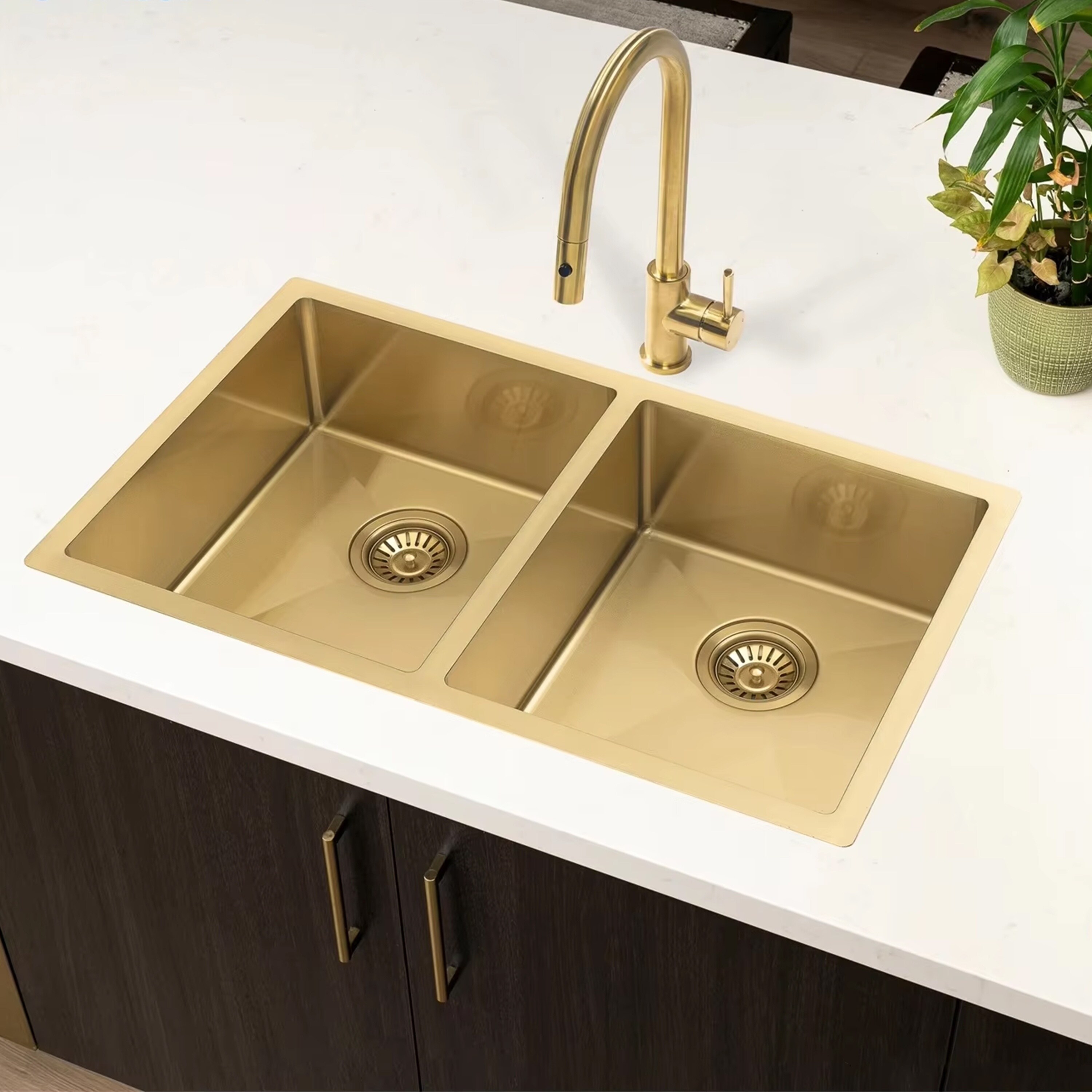 CB HOME 32'' Black Undermout Kitchen Sink, Gold/Rose Gold Double