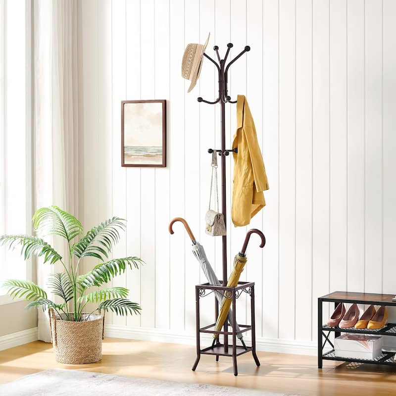 Coat Rack Freestanding,Entryway Coat Hanger Stand,Umbrella Holder,Hall Tree With 12 Hooks,Standing Coat Rack