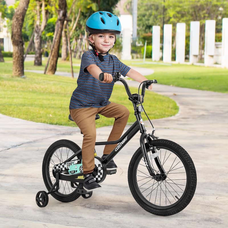 Black Kids Adjustable Bike with Training Wheels and Enclosed Chain Guard Dual Brake System - 18 Inch