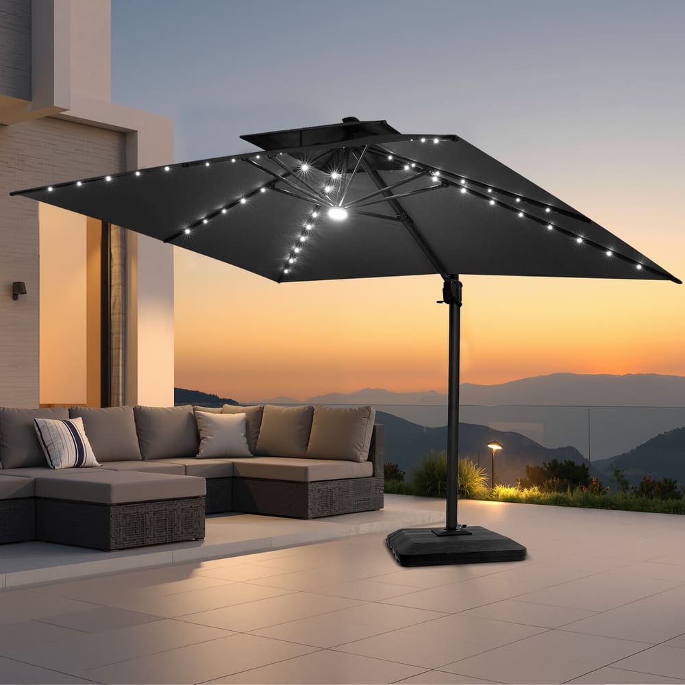 Pellebant 10 x 13FT Outdoor Rectangular Cantilever Patio Umbrella Solar LED Lighted with Premium Base
