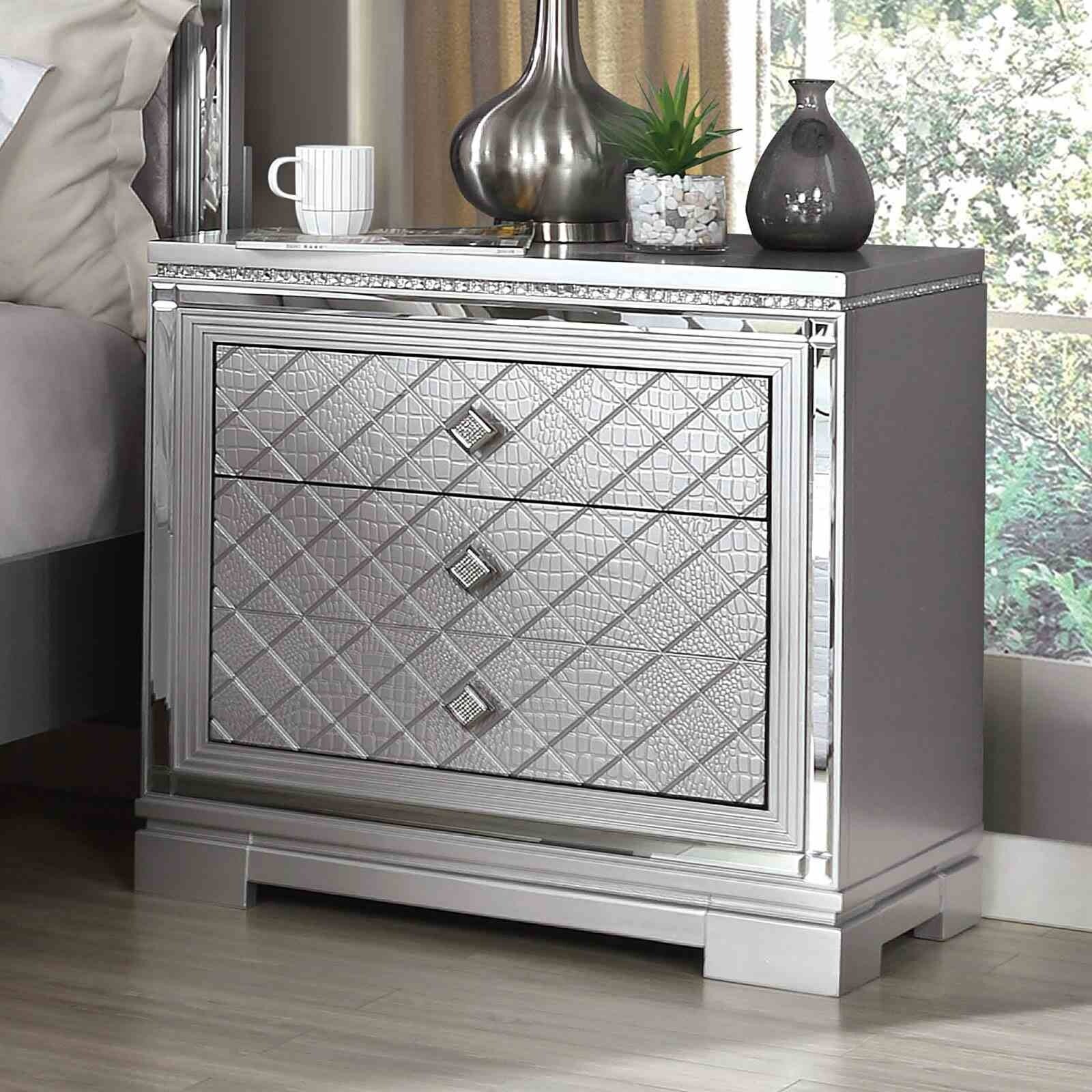 Glam Silver Finish Bedroom Furniture Set with Button-Tufted Bed - Eastern King - 5 Piece Glam Silver Finish Bedroom Furniture Set with Button-Tufted Bed - Eastern King - 5 Piece