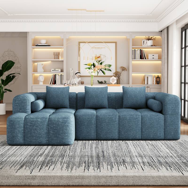 101.2" Blue Chenille Sectional Sofa, Modular, Deep Seating, 2 Side Pockets