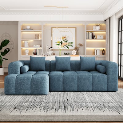 101.2" Blue Chenille Sectional Sofa, Modular, Deep Seating, 2 Side Pockets