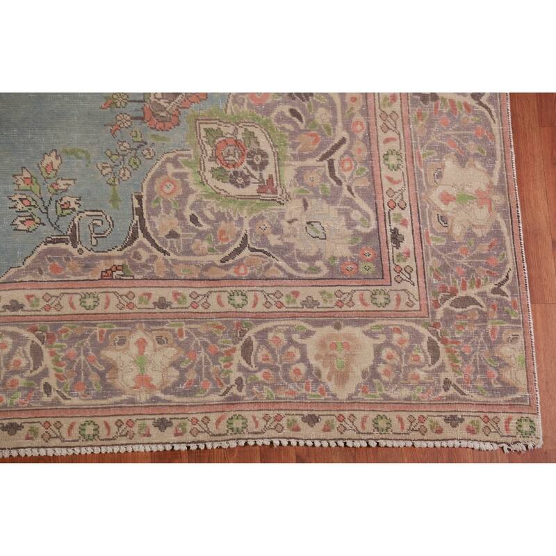 Light Blue Medallion Tabriz Persian Vintage Rug Handmade Wool Carpet - 9'2" x 12'5"