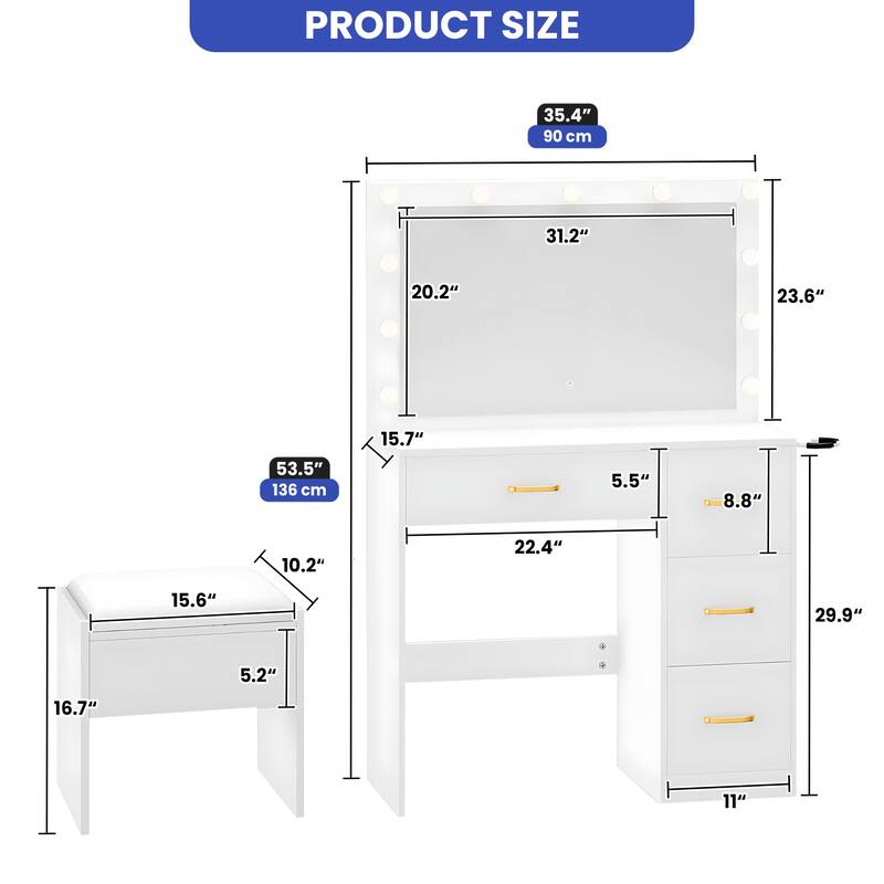 Moasis 35.4" Mirror Makeup Vanity Table with Stool and Light Bulb - 35.4''L x 15.7''W x 53.5''H