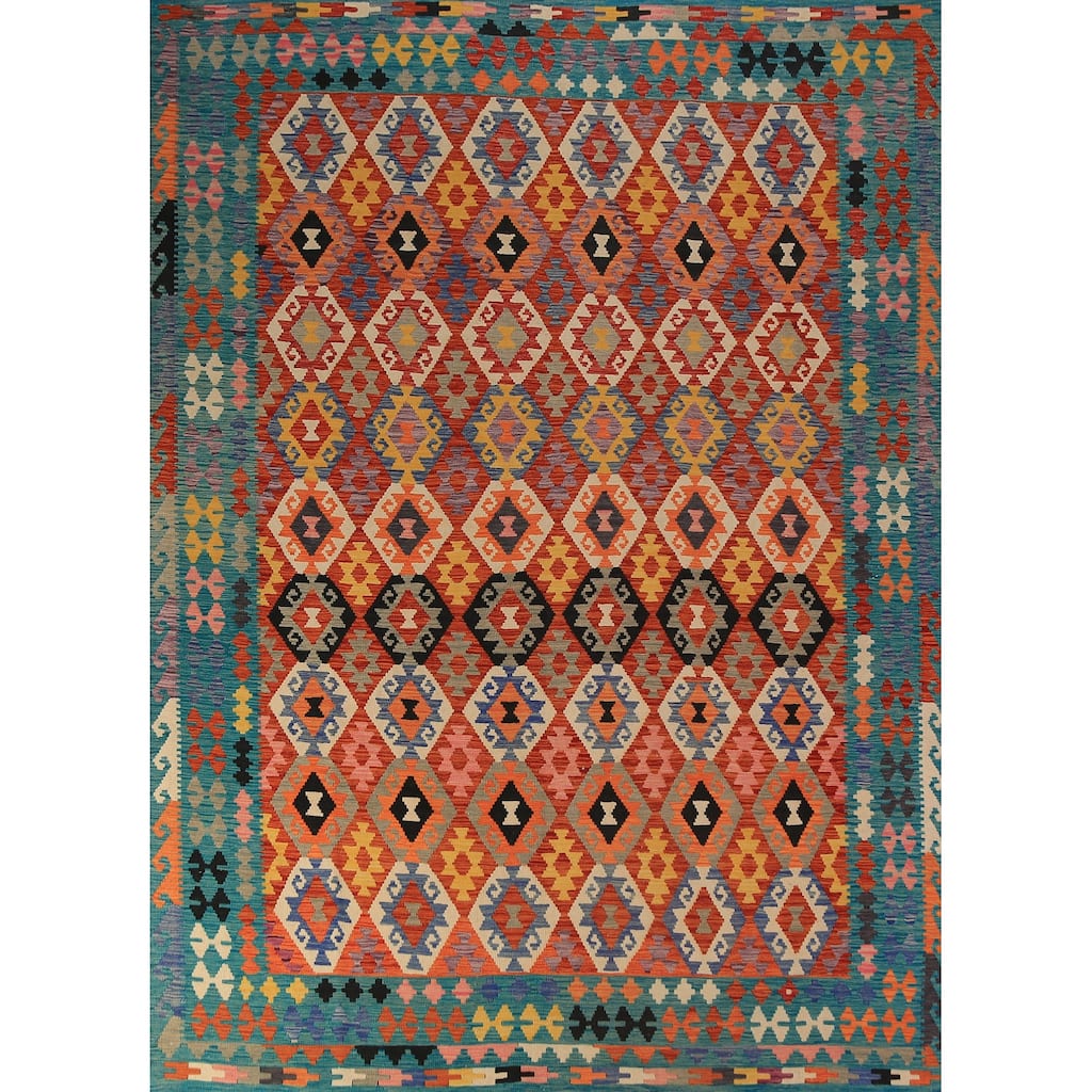 Geometric Kilim Reversible Rug Hand-Woven Wool Carpet - 8'5"x 11'2"