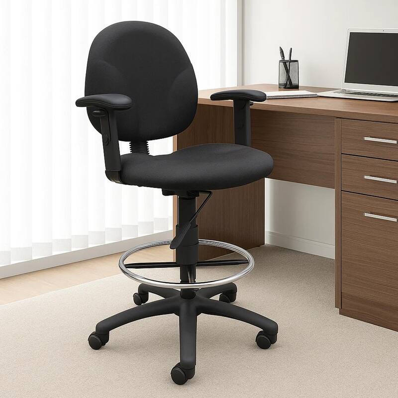 Zem Drafting Stool with Adjustable Arms & Chrome Footring, Black Crepe