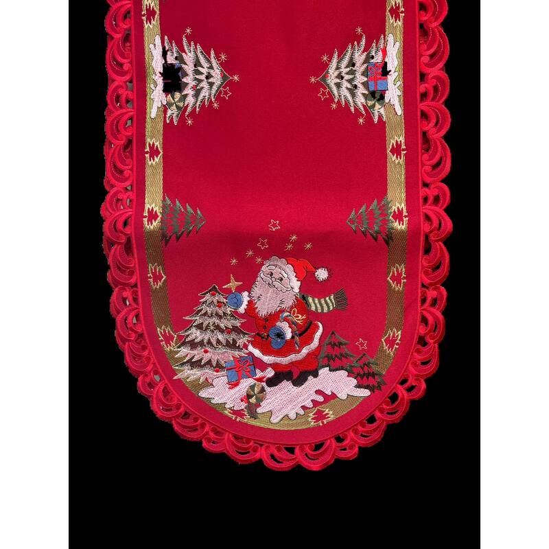 Santa Red Embroidered Cutwork Rectangular Table Runner, 15 by 34 inch