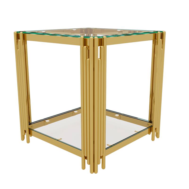 19.9" Modern Transparent Glass End Table for Living Room, Square,Asymmetrical Metal, Gold Finish & Lower Shelf